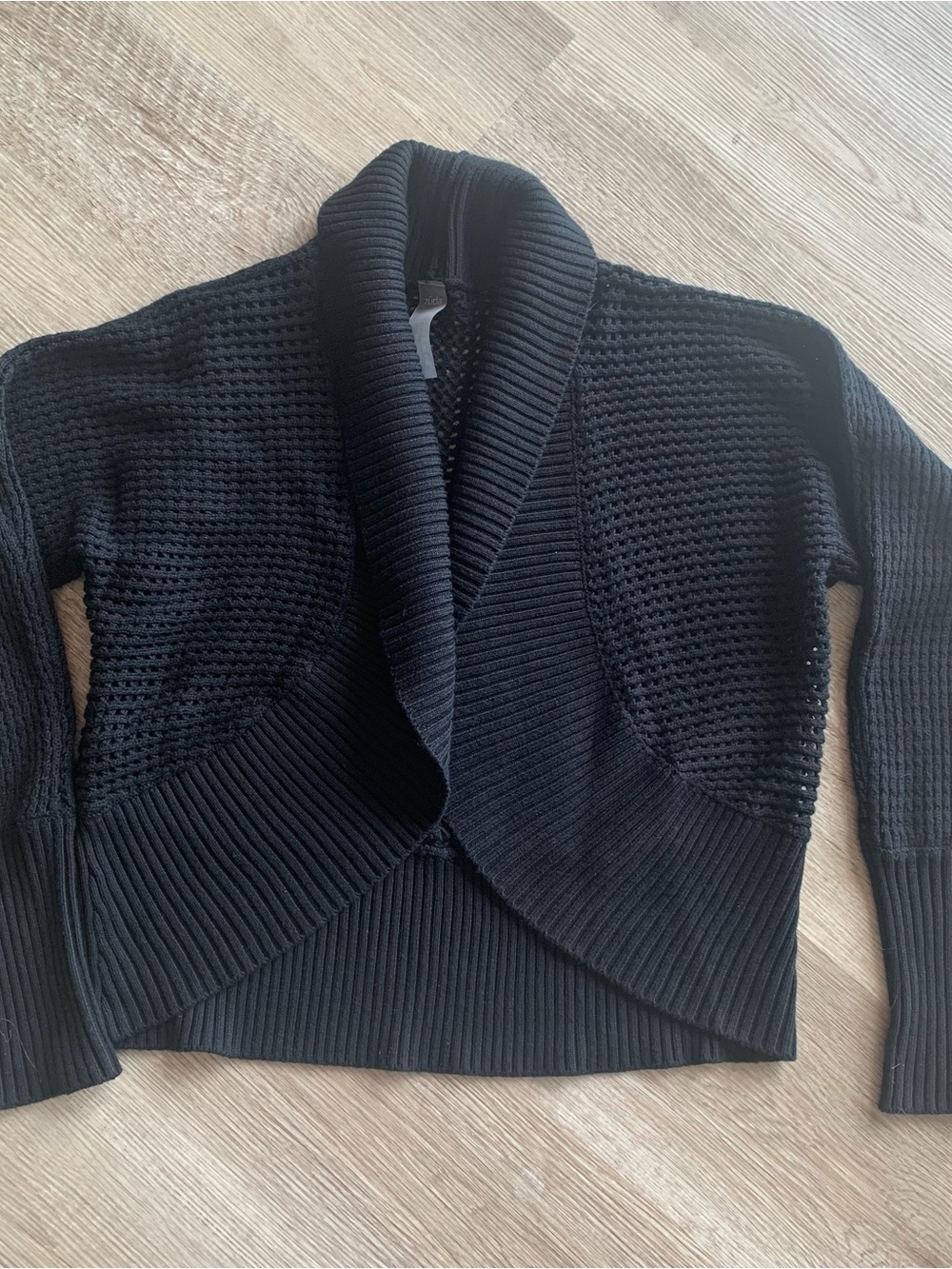 Black Shawl Collar Textured Open Weave Knit Sweater SZ S